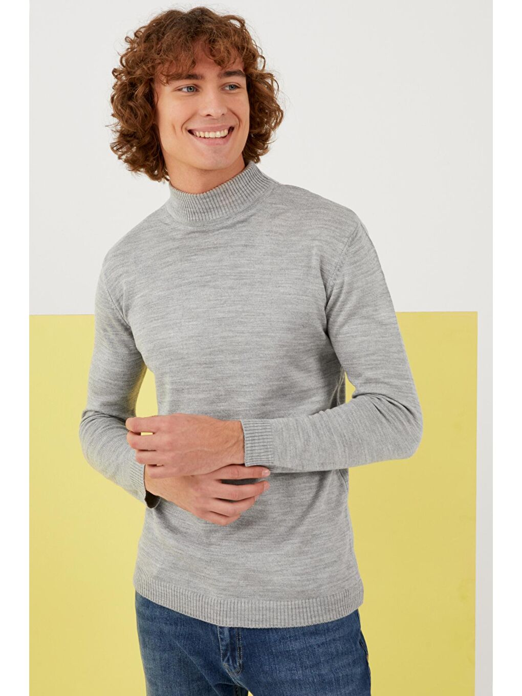 Erkek Gri Yarım Balıkçı Yaka Basic Triko Kazak-2