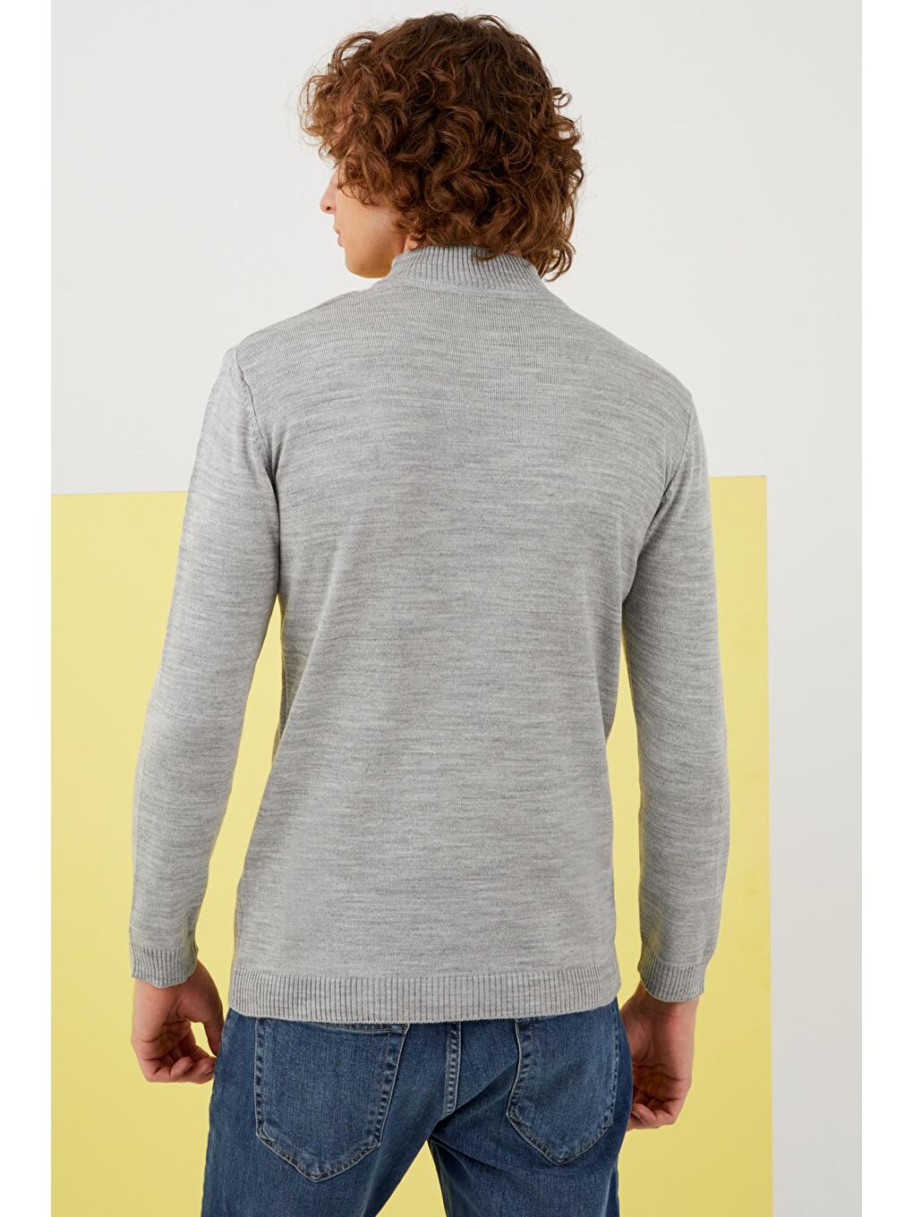 Erkek Gri Yarım Balıkçı Yaka Basic Triko Kazak-4