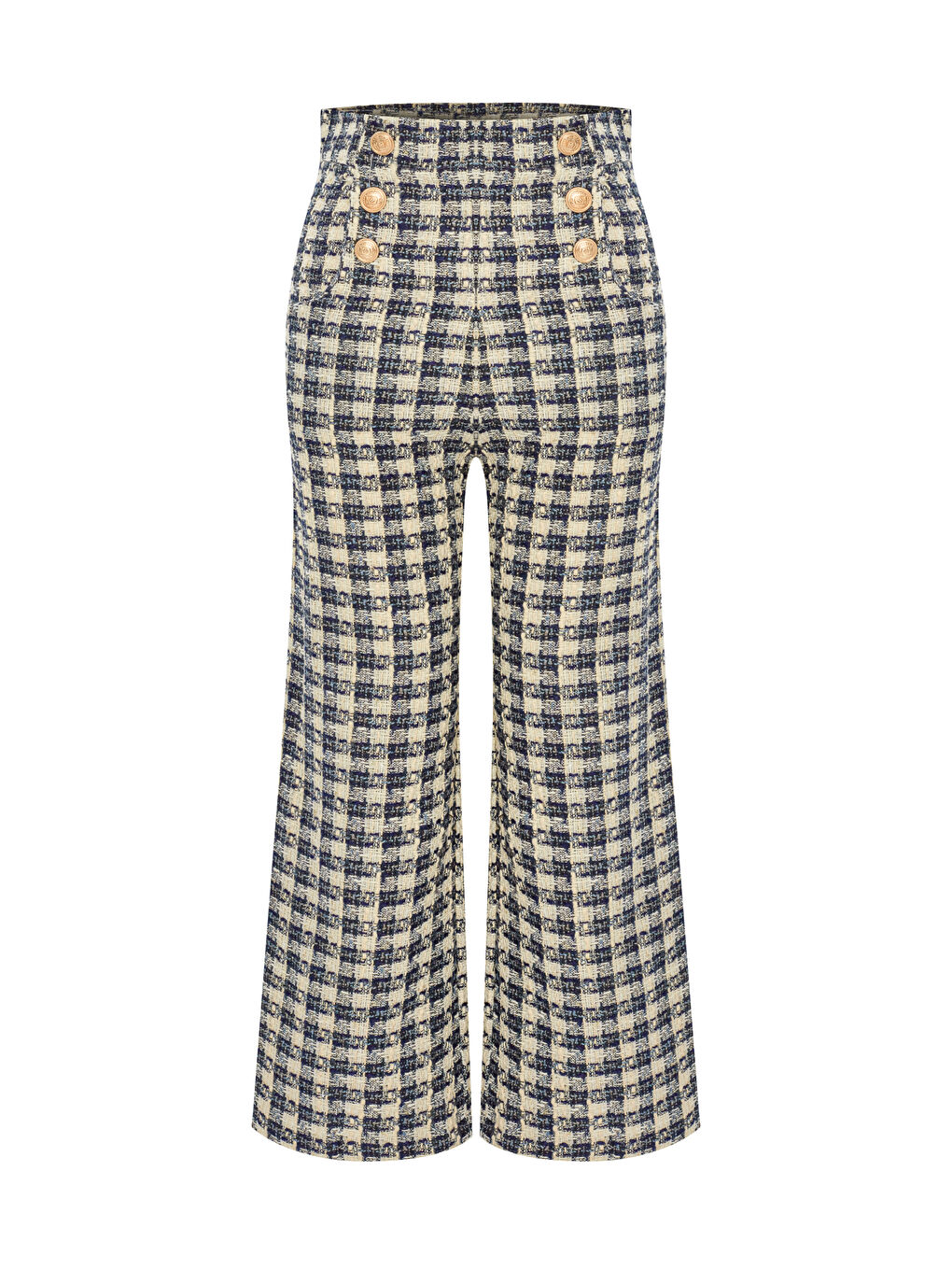 Düğme Detaylı Bol Paça Pantolon-Ekru Lacivert