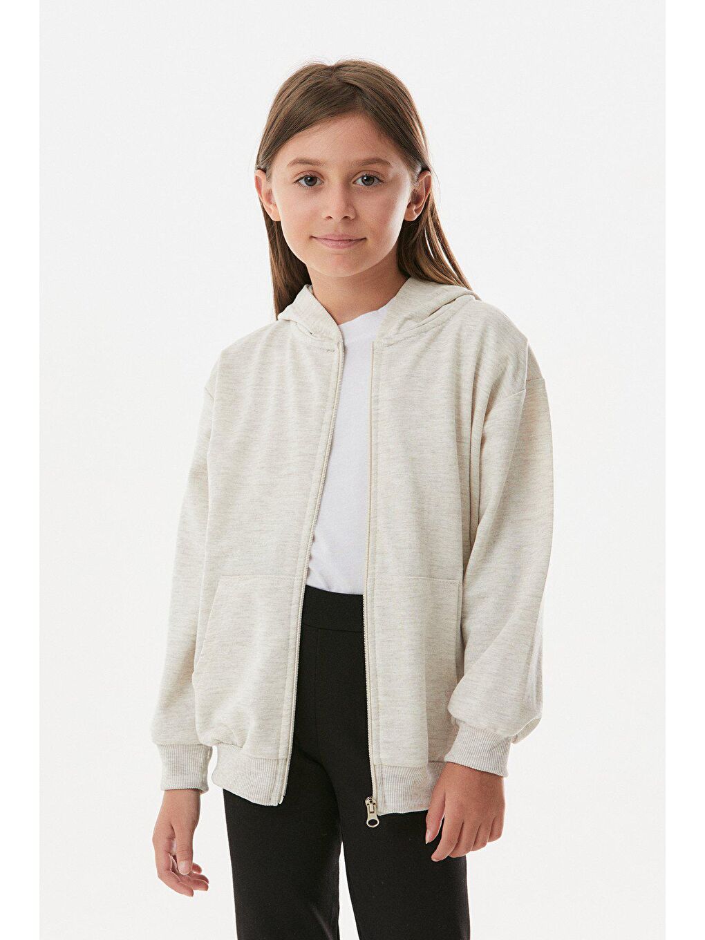 Bej Basic Kapüşonlu Fermuarlı Kız Çocuk Sweatshirt