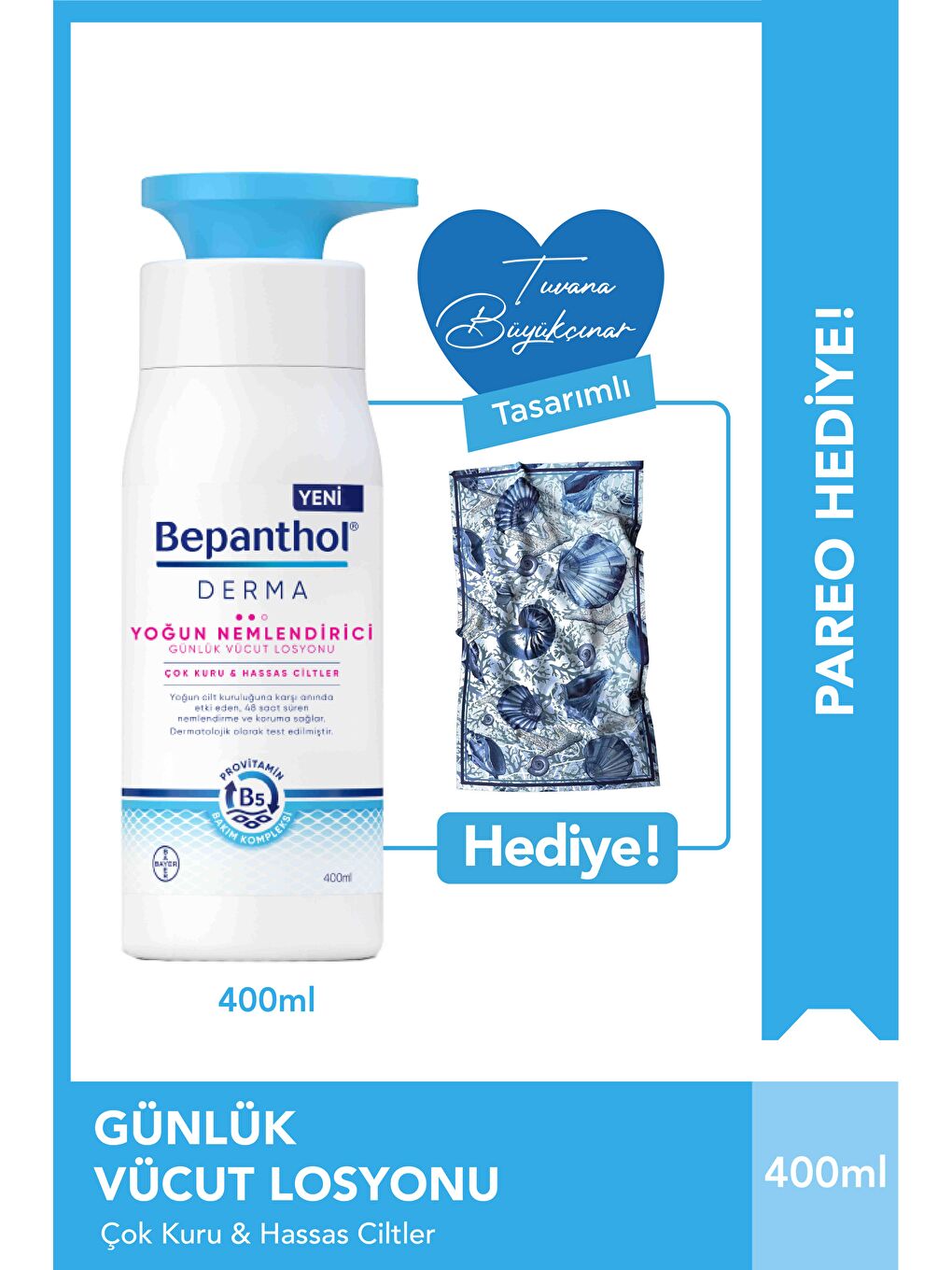 Bepanthol Şeffaf Derma Yoğun Nemlendirici Losyon 400 ml + Tuvana Büyükçınar Tasarımlı Şal Hediyeli