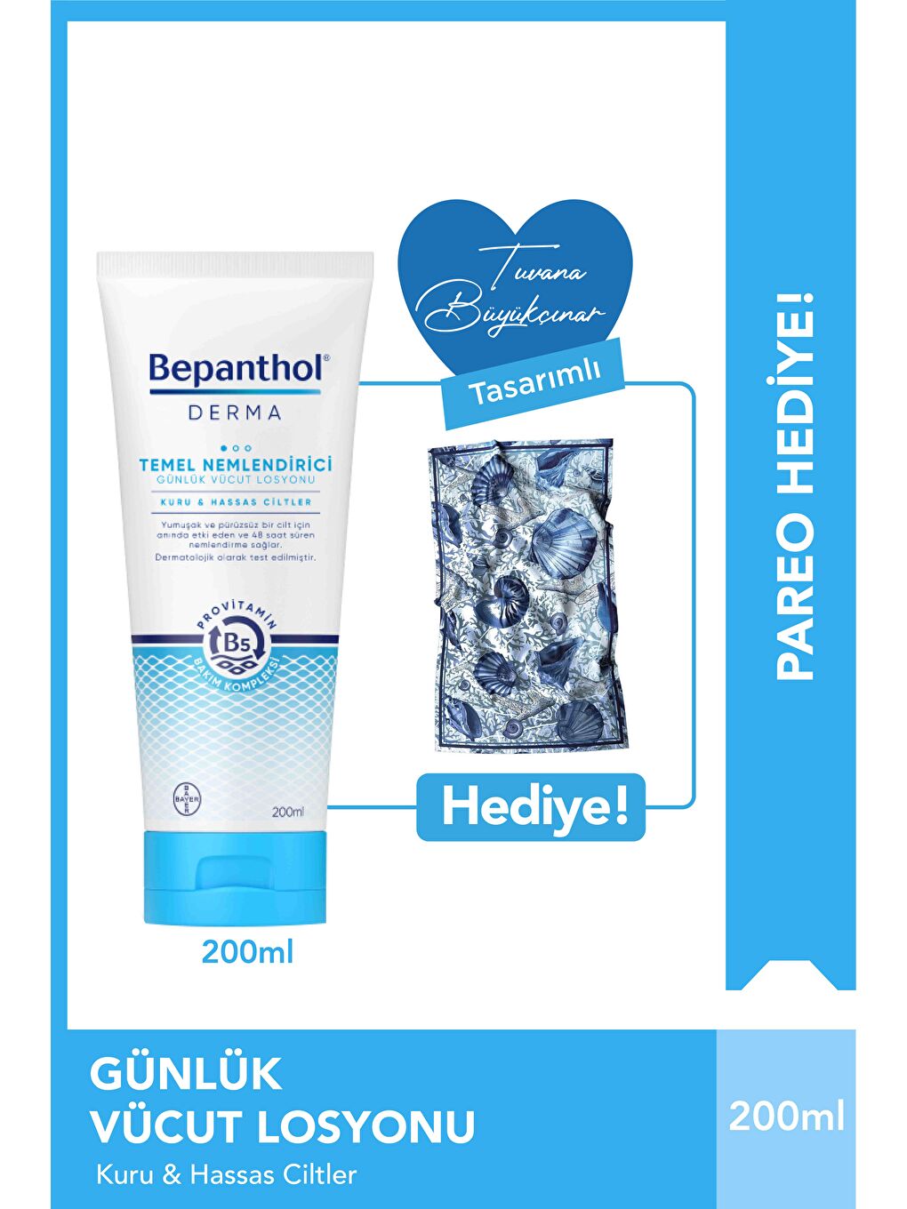 Bepanthol Şeffaf Derma Temel Nemlendirici Losyon 200 ml + Tuvana Büyükçınar Tasarımlı Şal Hediyeli