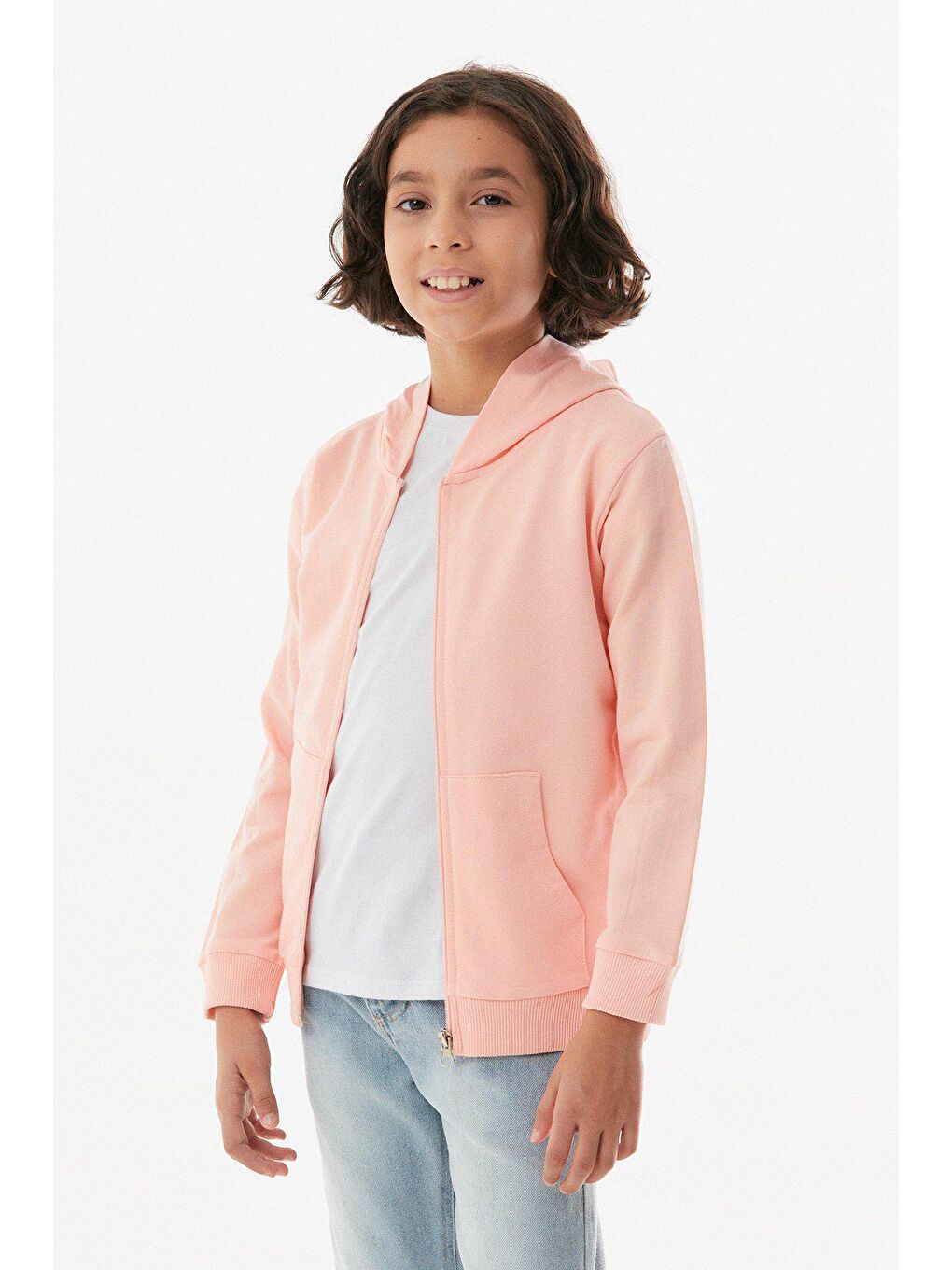 Pembe Basic Kapüşonlu Fermuarlı Kız Çocuk Sweatshirt
