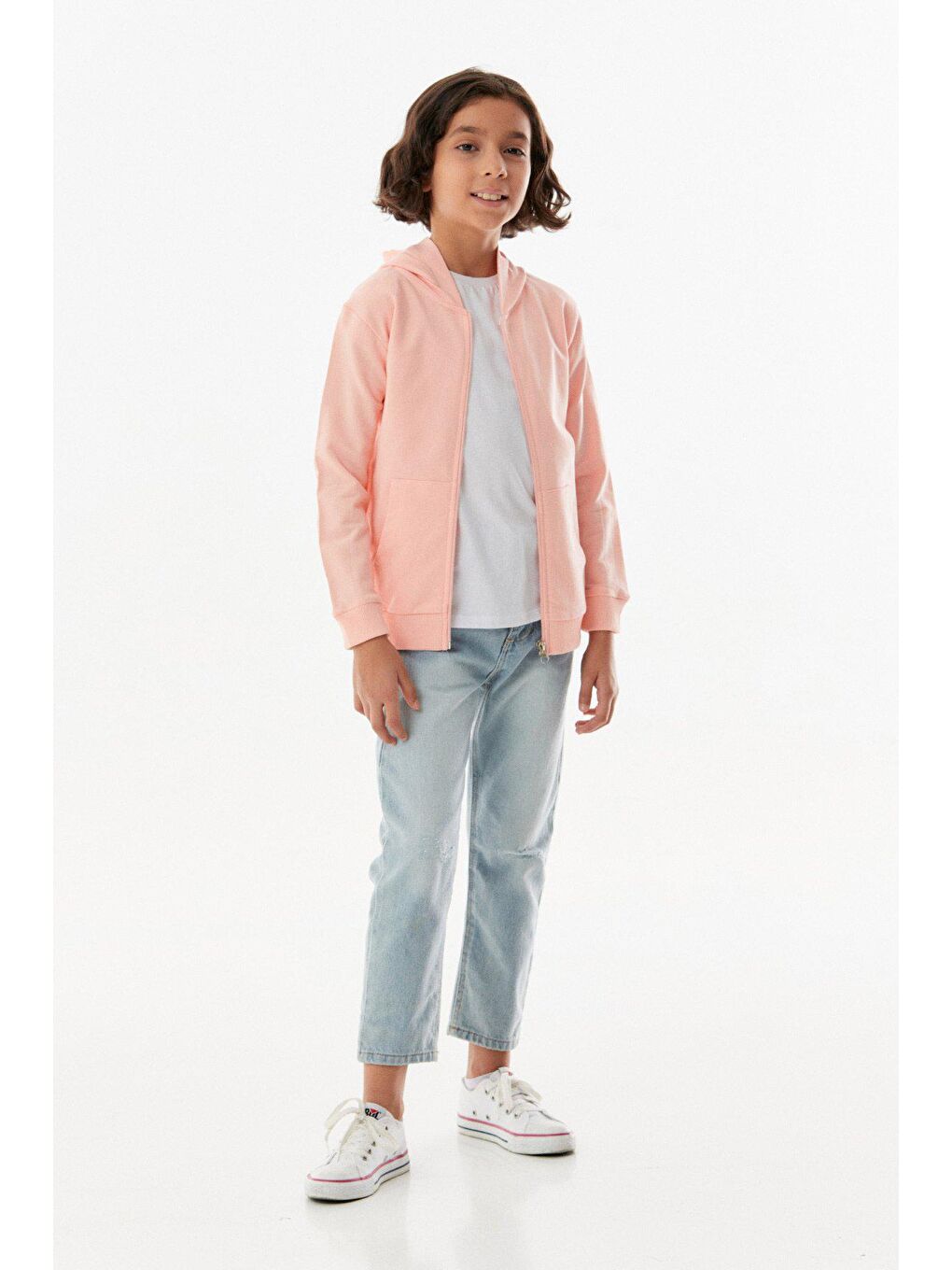 Pembe Basic Kapüşonlu Fermuarlı Kız Çocuk Sweatshirt-1