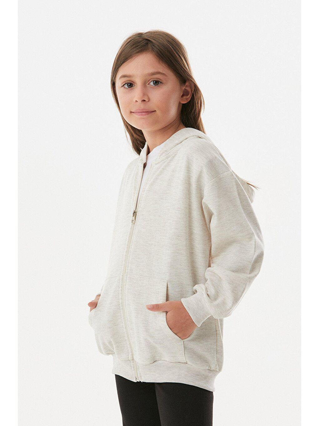 Bej Basic Kapüşonlu Fermuarlı Kız Çocuk Sweatshirt-2