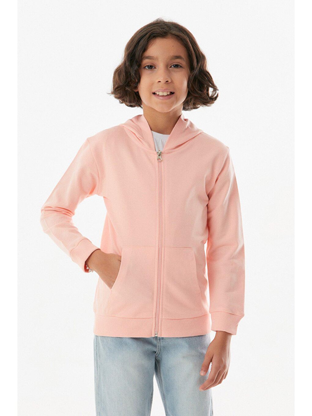 Pembe Basic Kapüşonlu Fermuarlı Kız Çocuk Sweatshirt-2