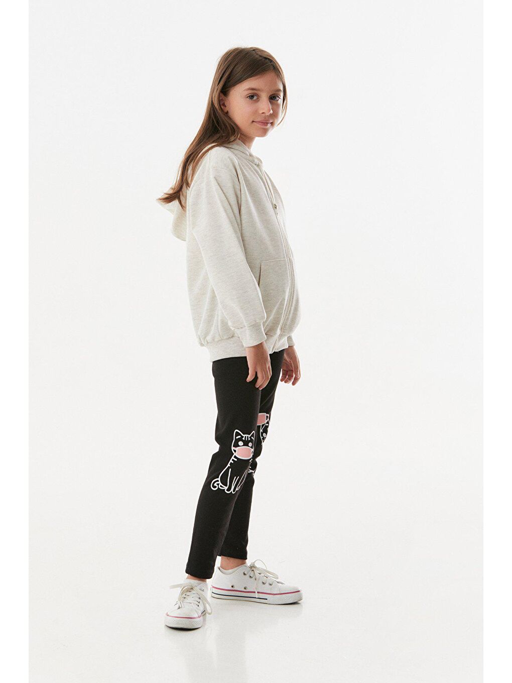 Bej Basic Kapüşonlu Fermuarlı Kız Çocuk Sweatshirt-3