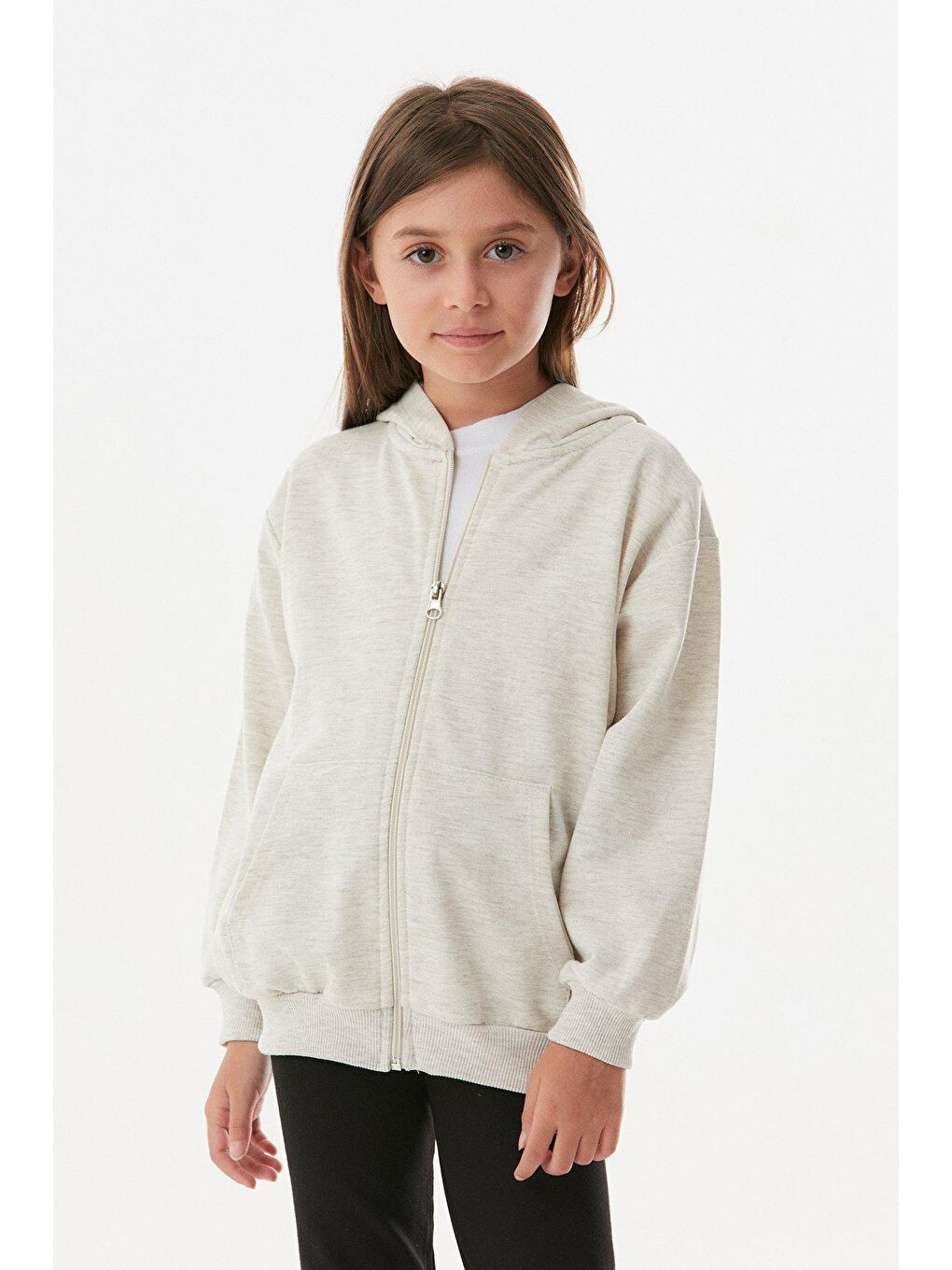 Bej Basic Kapüşonlu Fermuarlı Kız Çocuk Sweatshirt-4