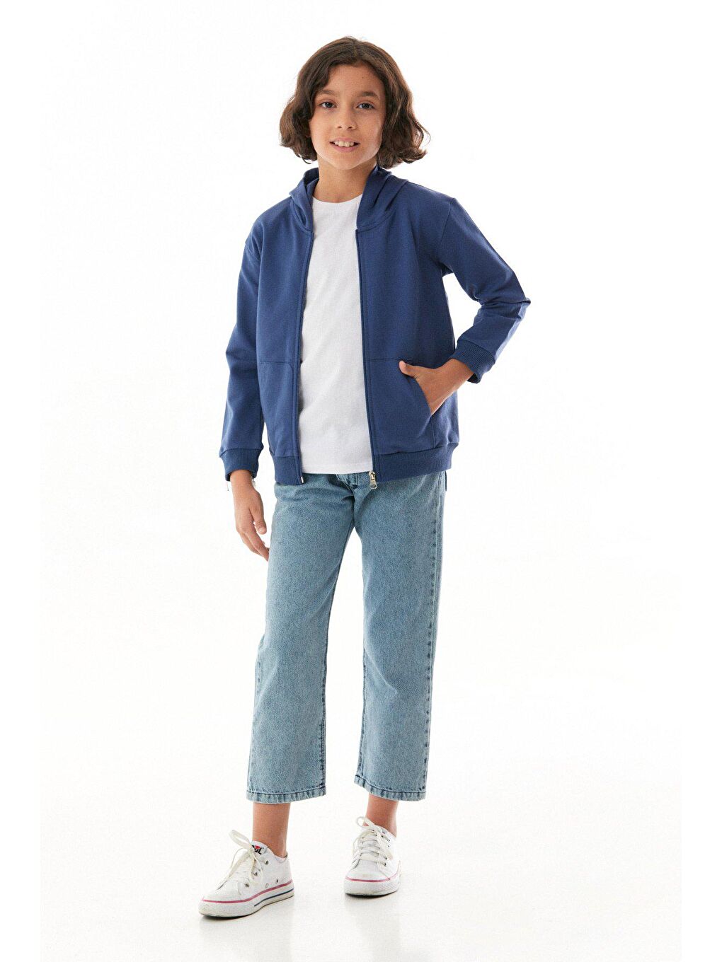 İndigo Basic Kapüşonlu Fermuarlı Kız Çocuk Sweatshirt-1
