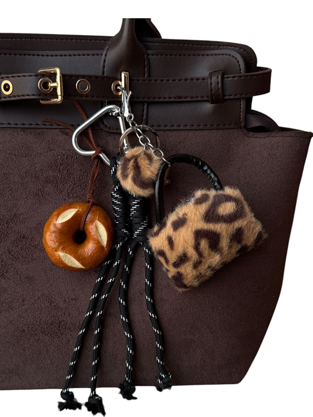 Leopar Desenli Mini Pelüş Çantalı Ekmek Dilimli Karabinalı Çanta Charmı Anahtarlık-1