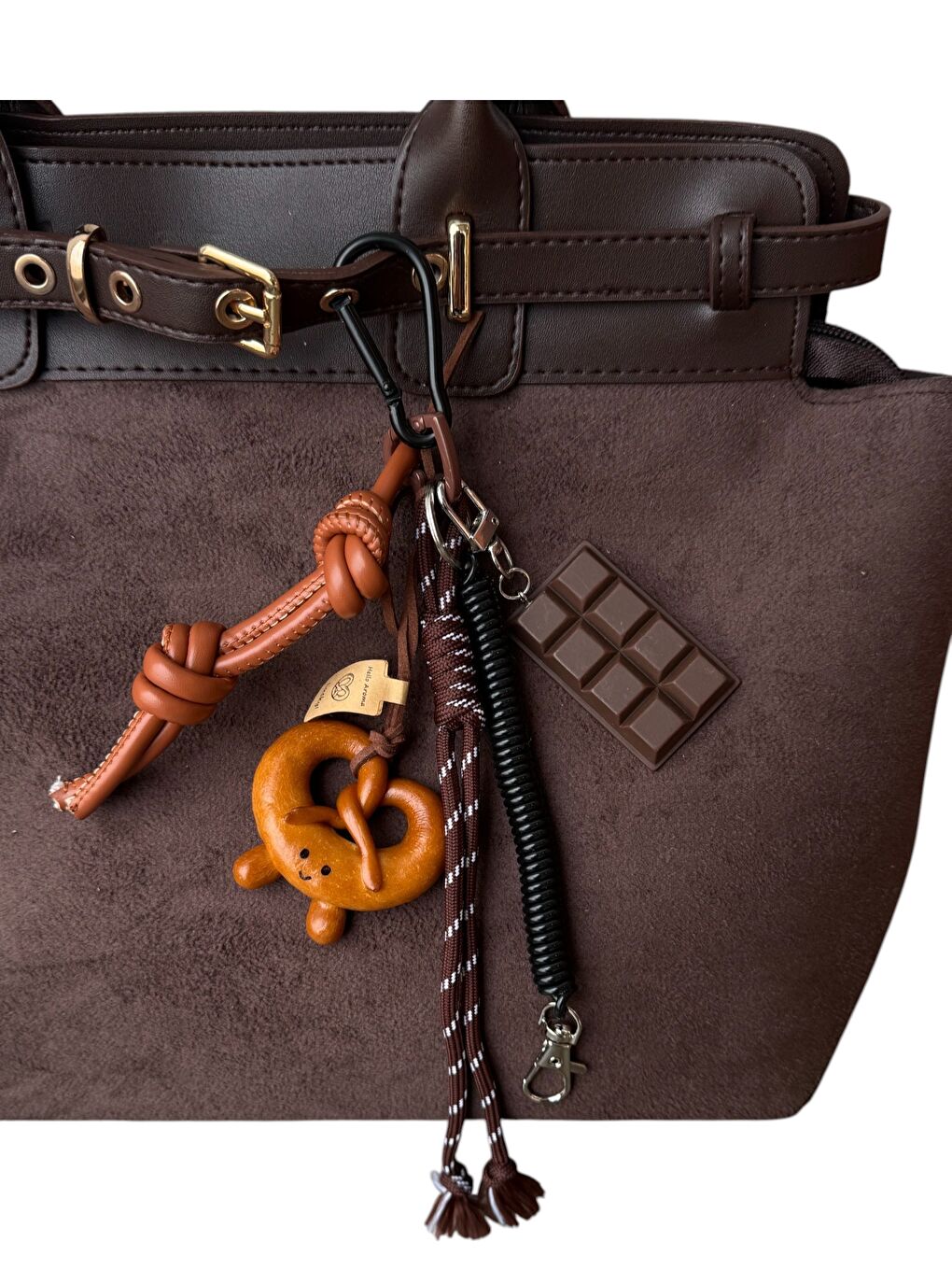 Kahverengi Çikolata Bar Kurabiye Dilimli İp Detaylı Karabinalı Çanta Charmı Anahtarlık-1