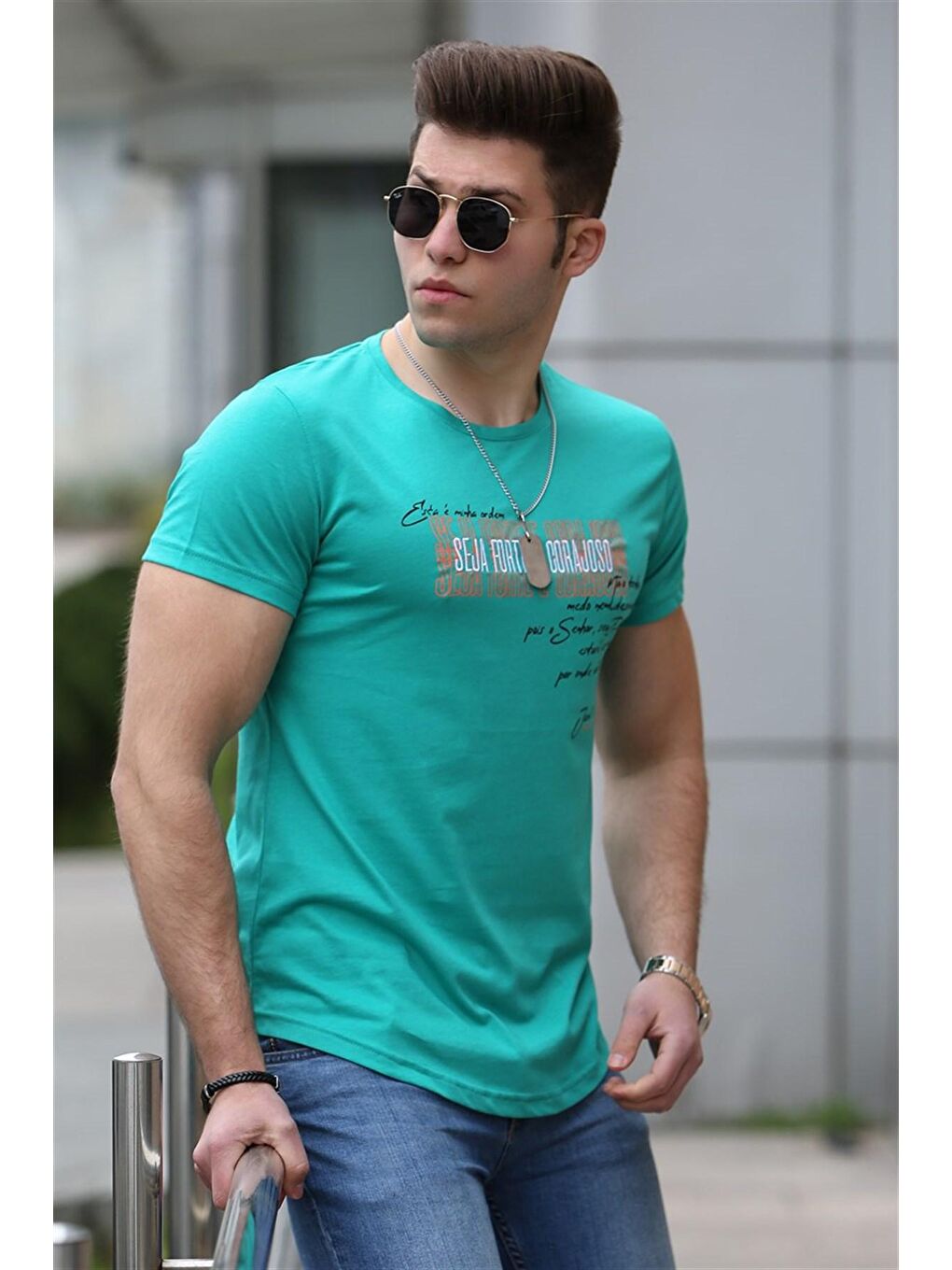Yeşil Baskılı Turkuaz Erkek Tişört 4478