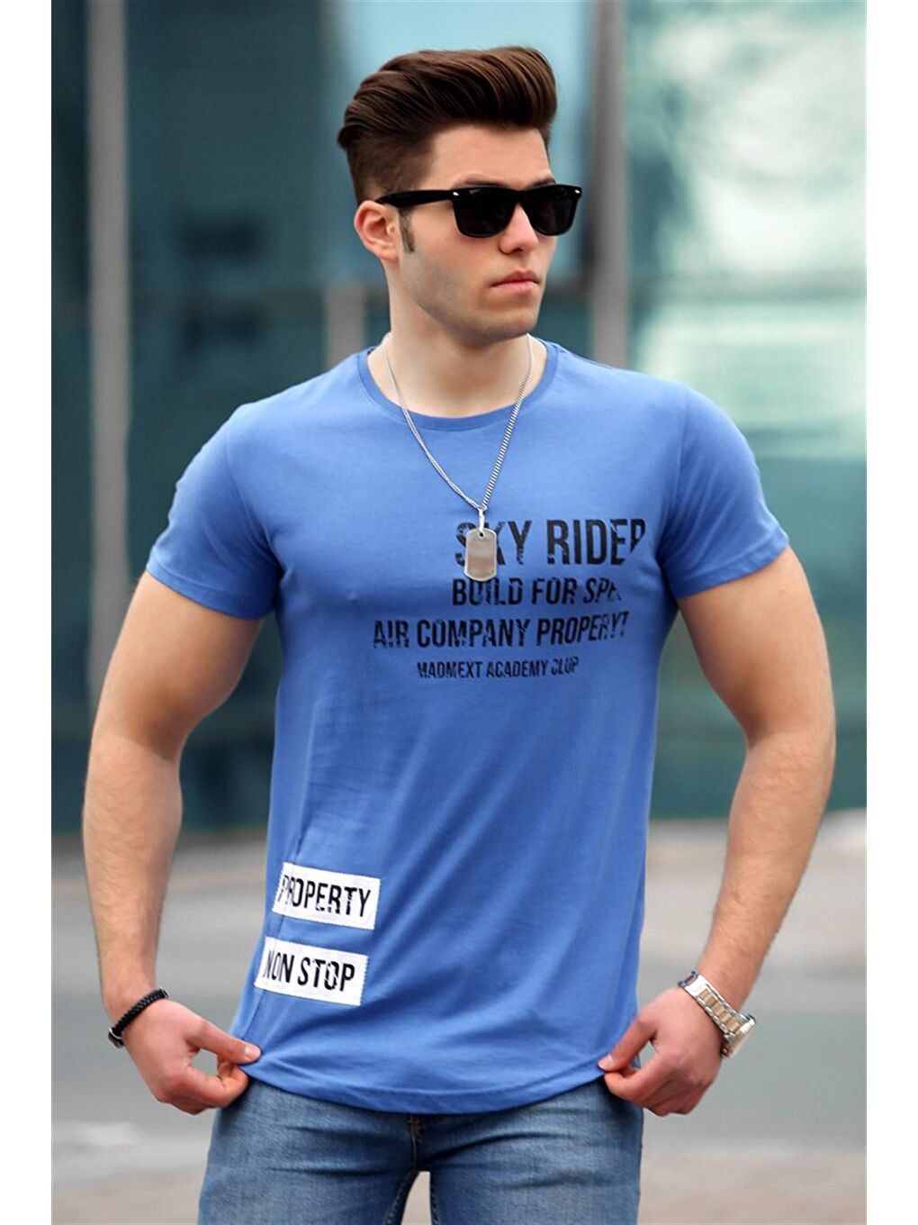 Mavi Baskılı Saks Erkek %100 Pamuk Tişört 4457