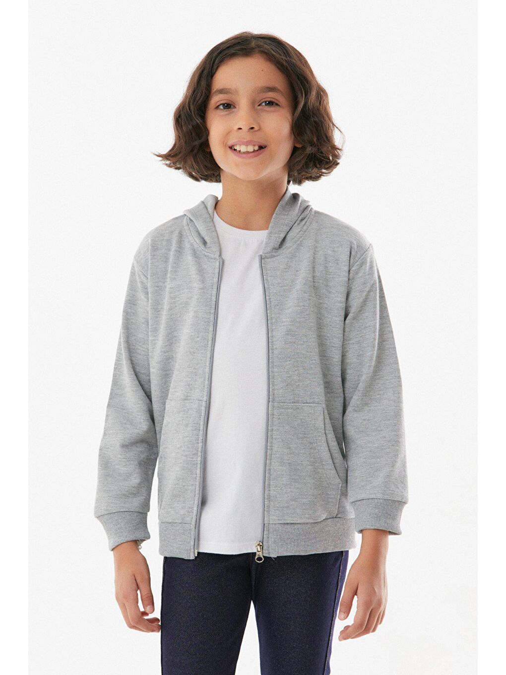 Gri Basic Kapüşonlu Fermuarlı Kız Çocuk Sweatshirt