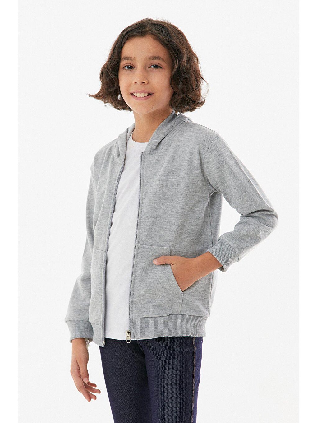 Gri Basic Kapüşonlu Fermuarlı Kız Çocuk Sweatshirt-1