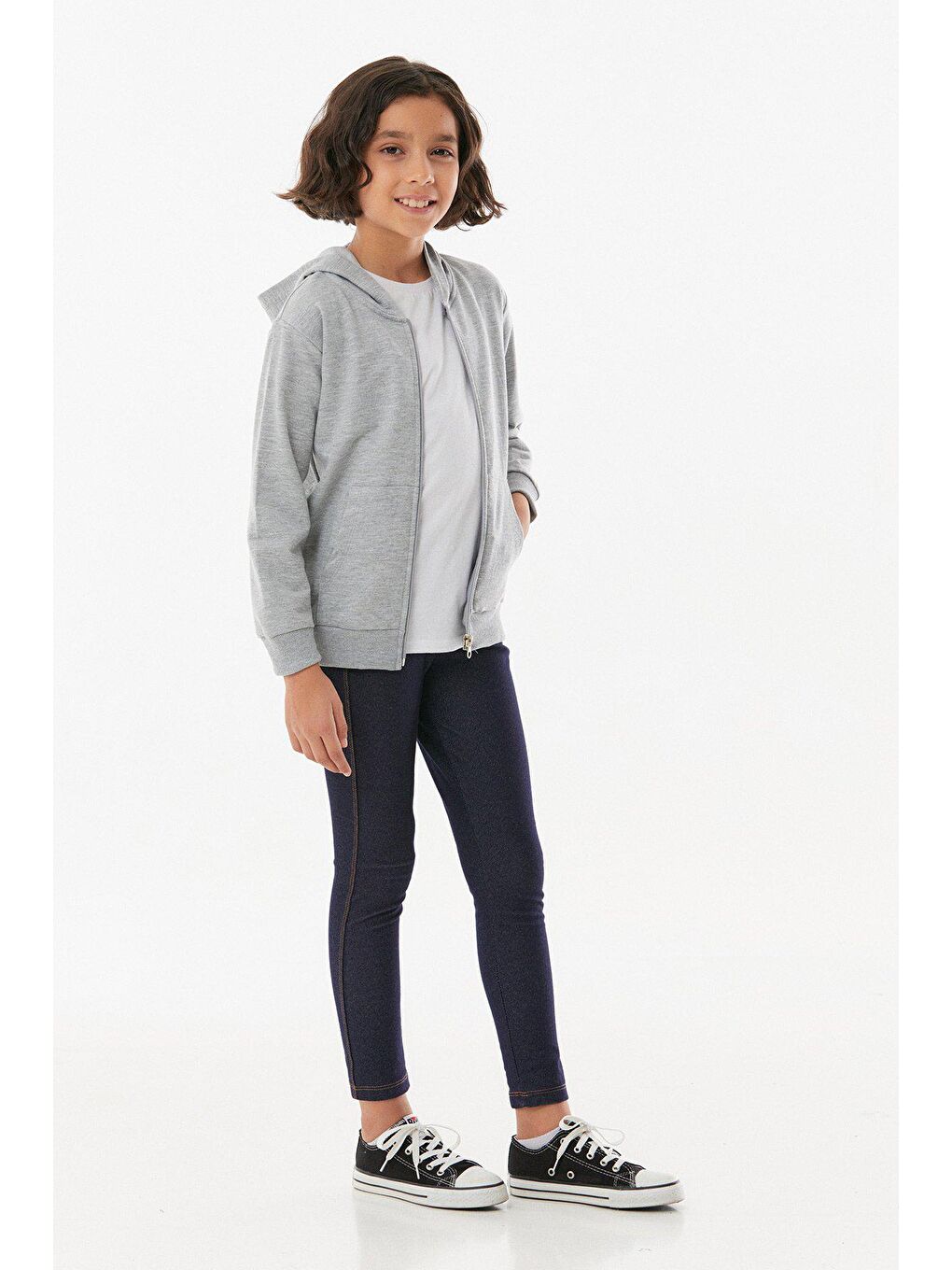 Gri Basic Kapüşonlu Fermuarlı Kız Çocuk Sweatshirt-2