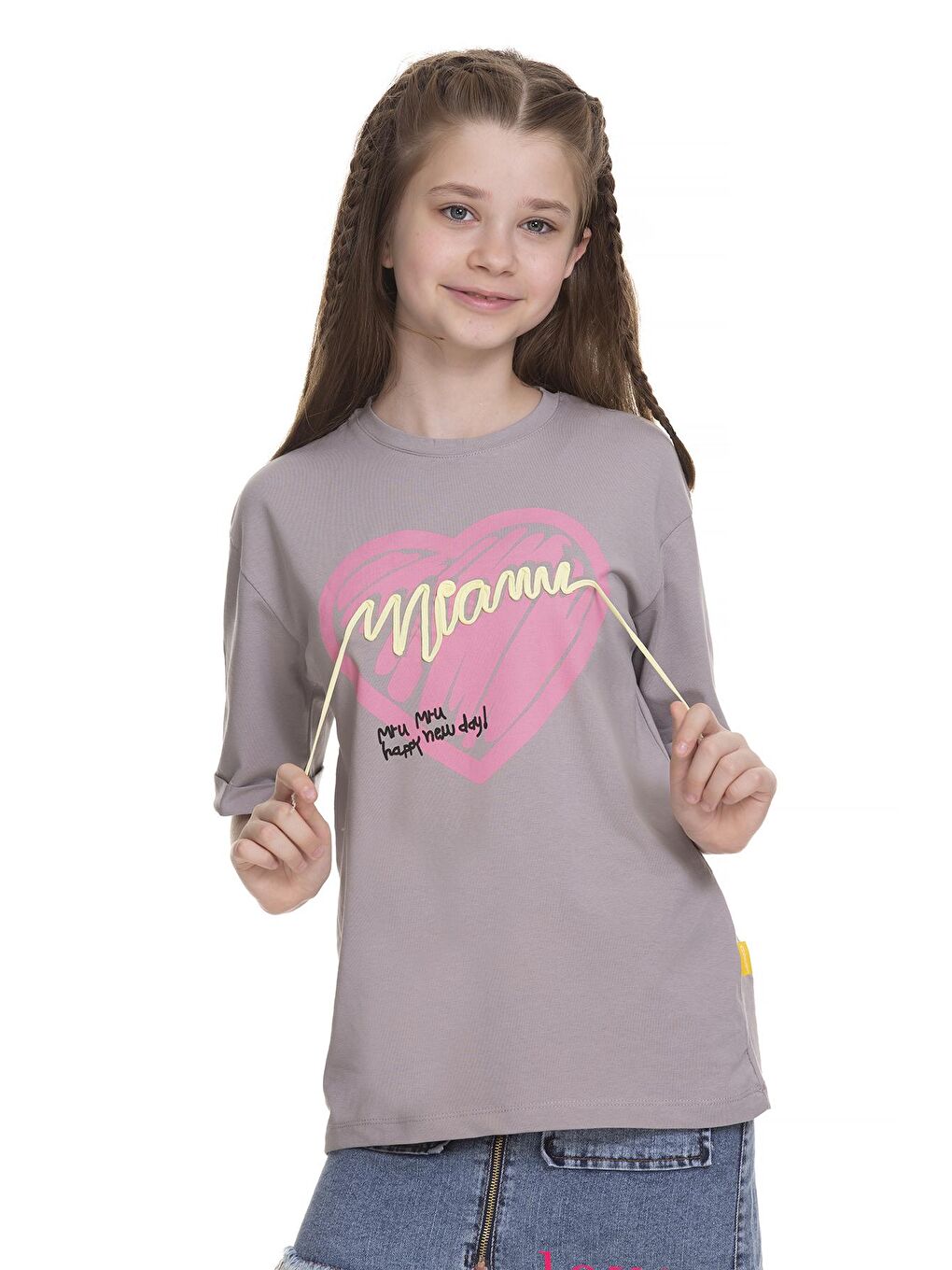 Gri Kız Çocuk Kalp Baskılı T-Shirt 8-14 Yaş-1