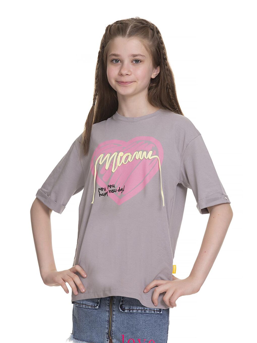 Gri Kız Çocuk Kalp Baskılı T-Shirt 8-14 Yaş-2