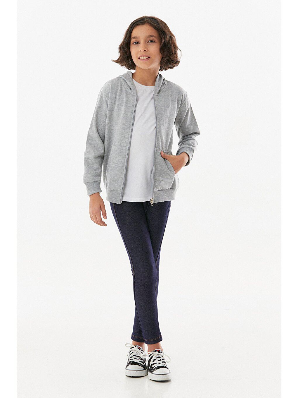 Gri Basic Kapüşonlu Fermuarlı Kız Çocuk Sweatshirt-3