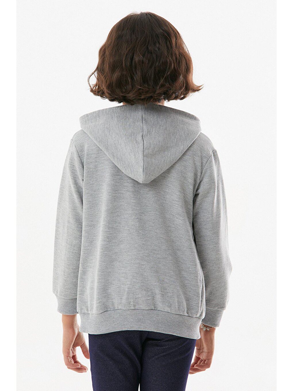 Gri Basic Kapüşonlu Fermuarlı Kız Çocuk Sweatshirt-4