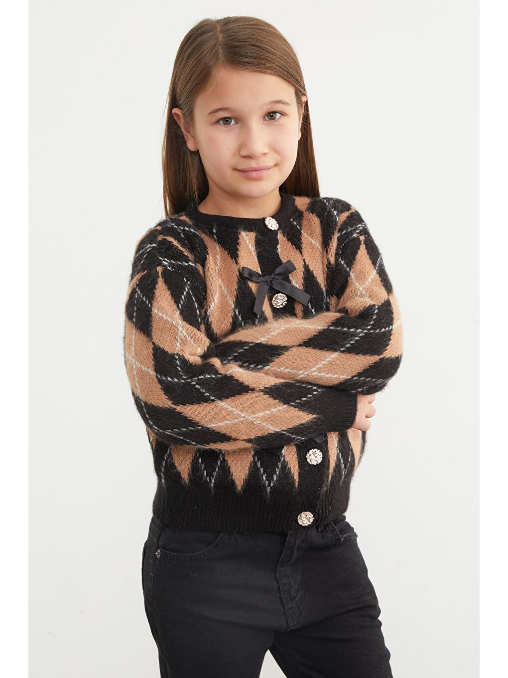 Siyah Baklava Desenli Fiyonklu Düğmeli Kız Çocuk Hırka-2