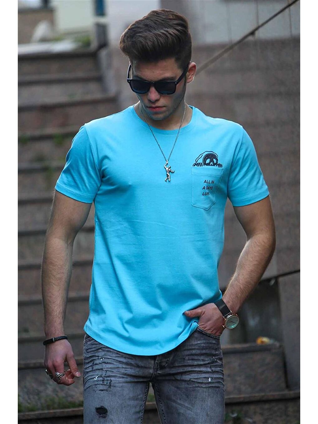 Cep Detay Mavi Erkek %100 Pamuk Tişört 4492