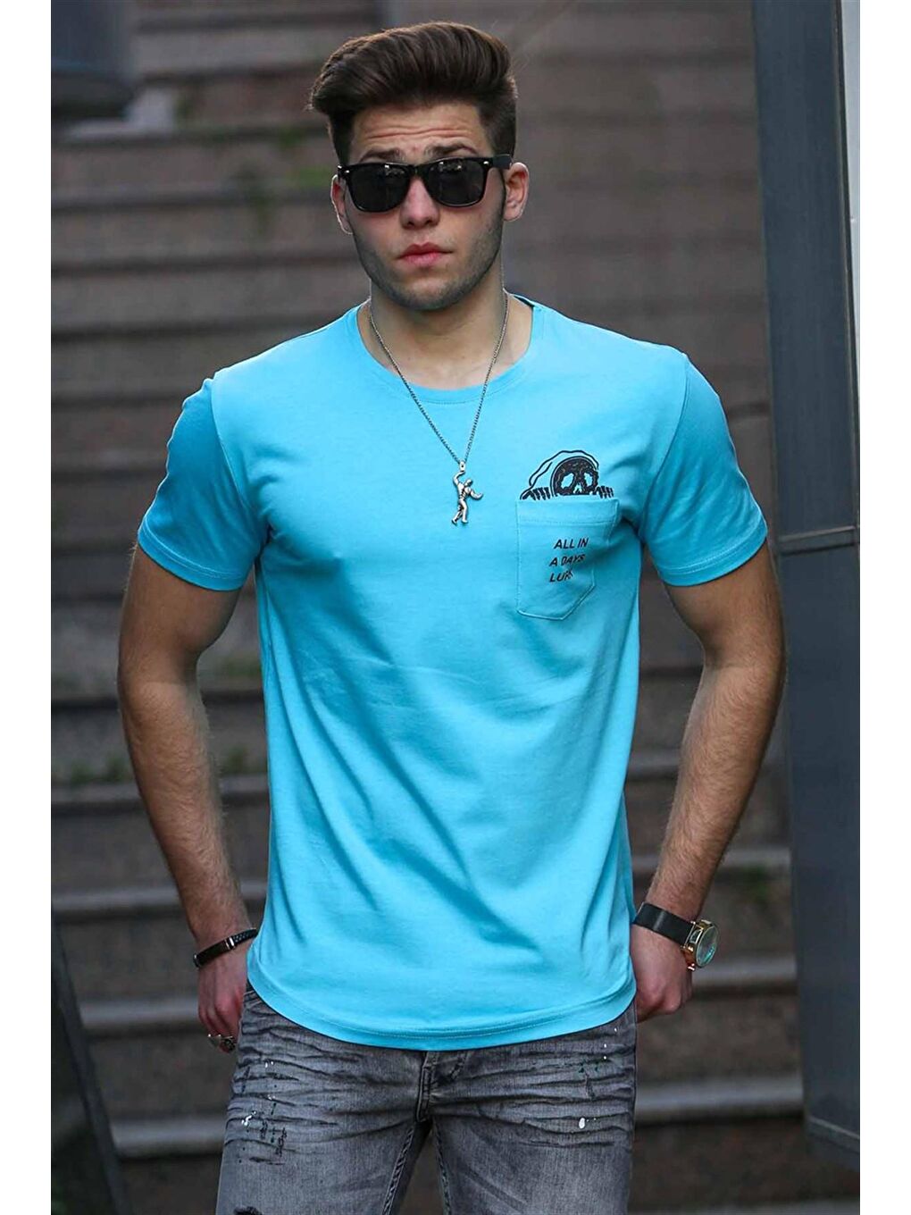 Cep Detay Mavi Erkek %100 Pamuk Tişört 4492-1