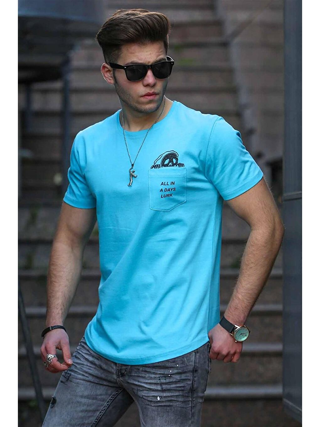 Cep Detay Mavi Erkek %100 Pamuk Tişört 4492-2