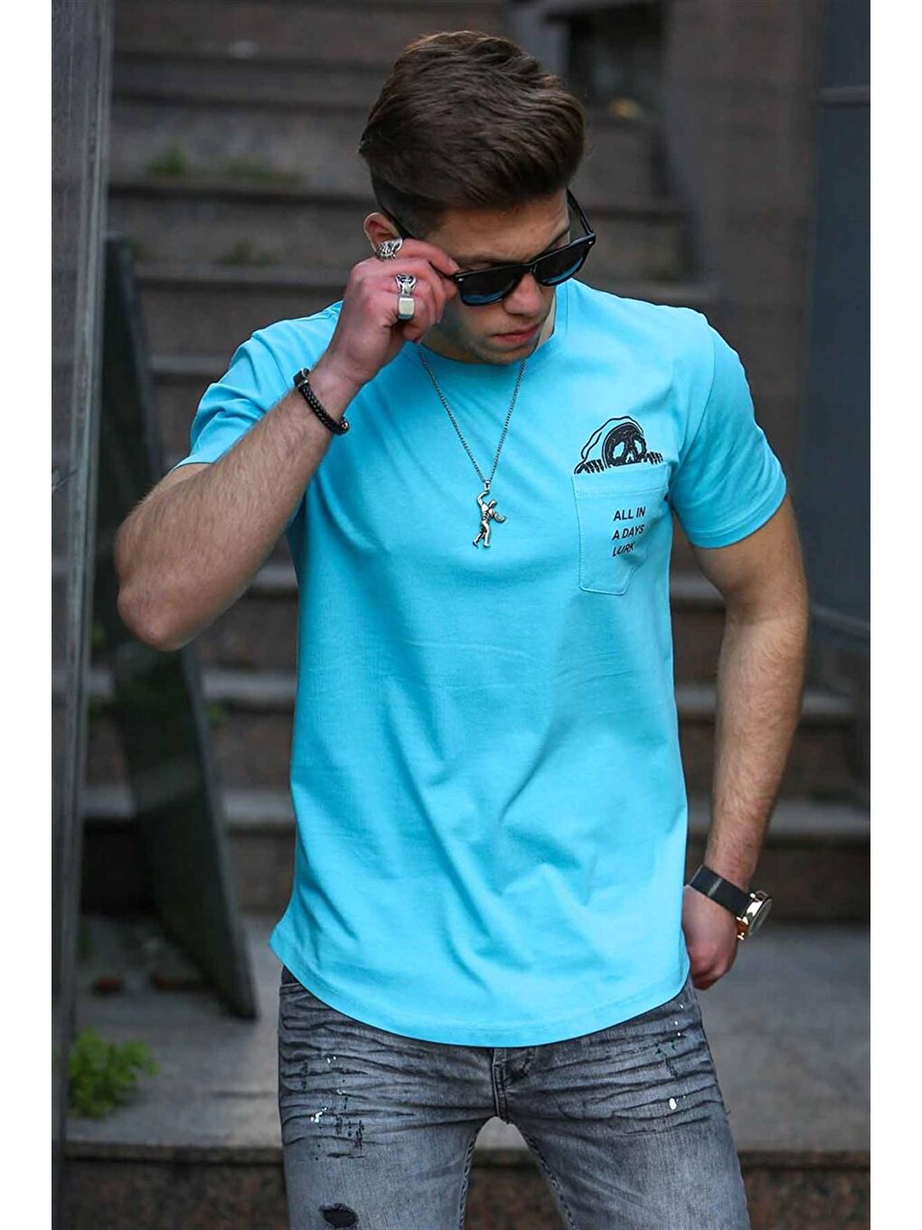 Cep Detay Mavi Erkek %100 Pamuk Tişört 4492-3