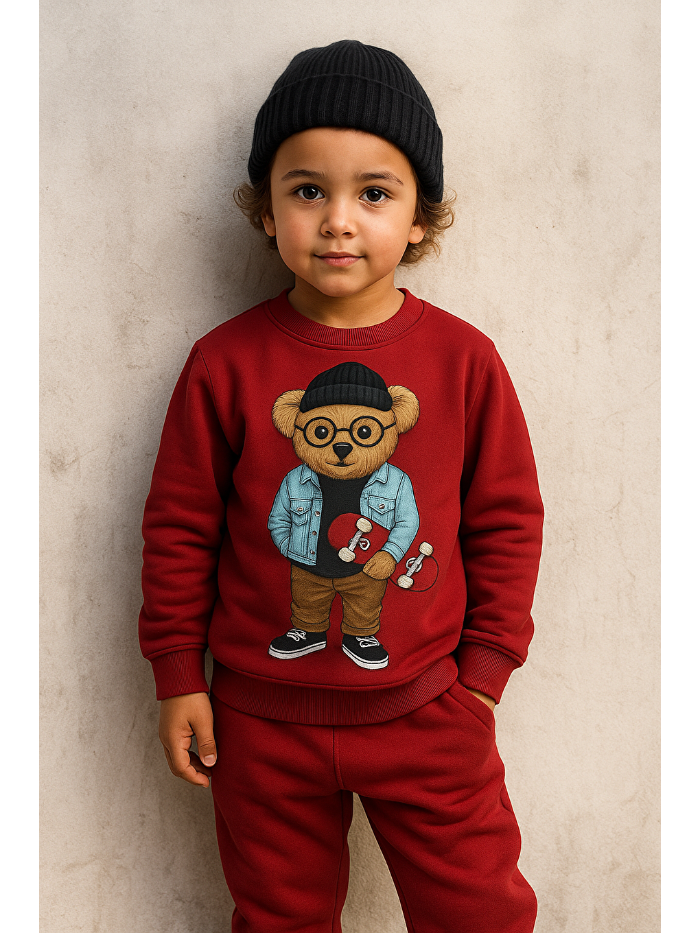 Çocuk Teddy Desenli Eşofman Takımı Bordo