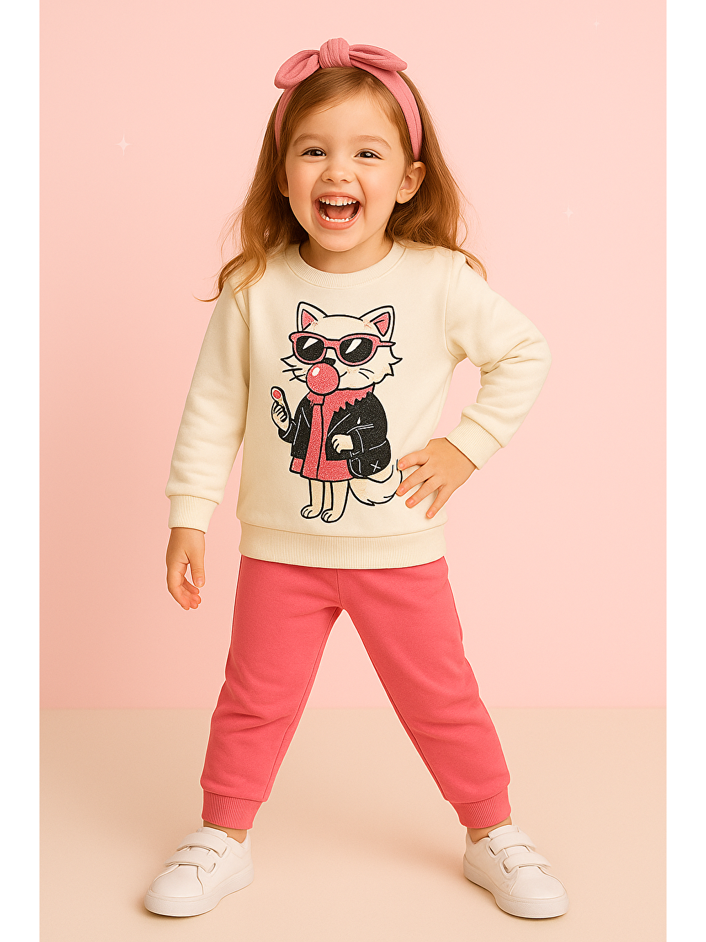 Karışık Kız Çocuk Sakızlı Kedi Desenli Eşofman Takımı