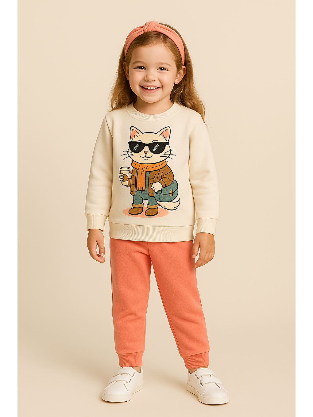 Karışık Kız Çocuk Gözlüklü Kedi Desenli Eşofman Takımı