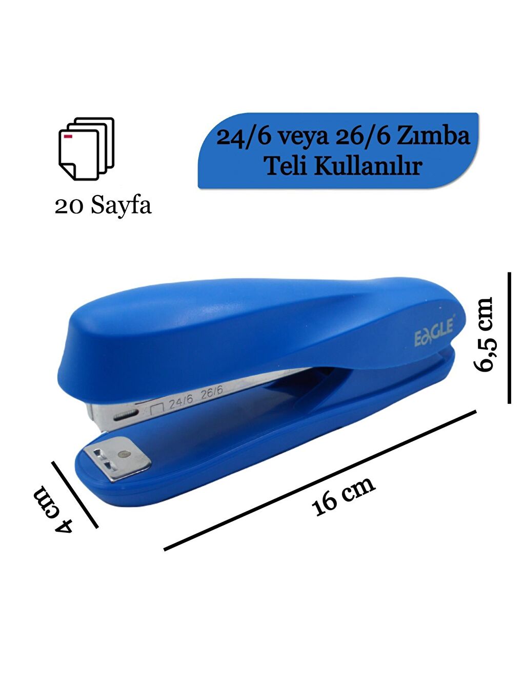 20 Sayfa Kapasiteli 24/6-26/6 Zımba Makinası (S7102) Mavi