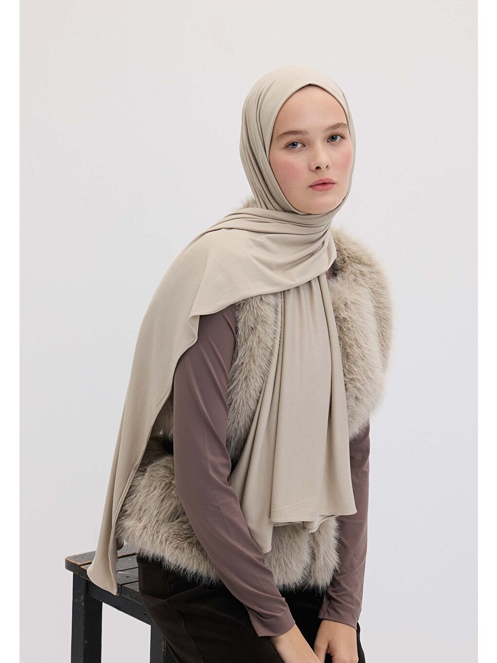 Bej Bambu Penye Şal Taş-1