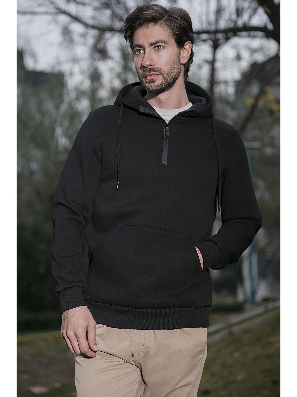Siyah Pamuklu İçi Tüylü Yumuşak Şardonlu Kapüşonlu Erkek Sweat 59052651-1