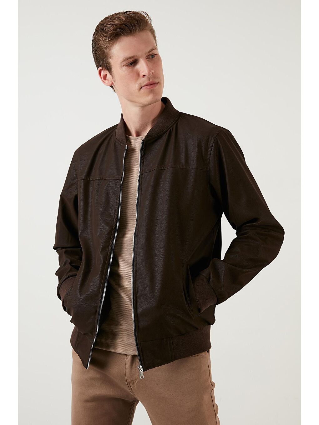 Kahverengi Fermuarlı Cepli Kolej Yaka Mevsimlik Bomber Mont 5711481-2