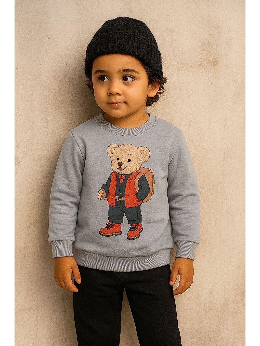 Çocuk Teddy Baskılı Eşofman Takımı Gri-1