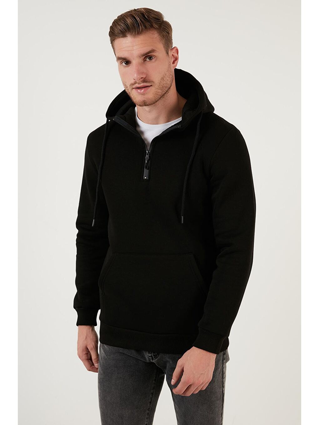 Siyah Pamuklu İçi Tüylü Yumuşak Şardonlu Kapüşonlu Erkek Sweat 59052651-2