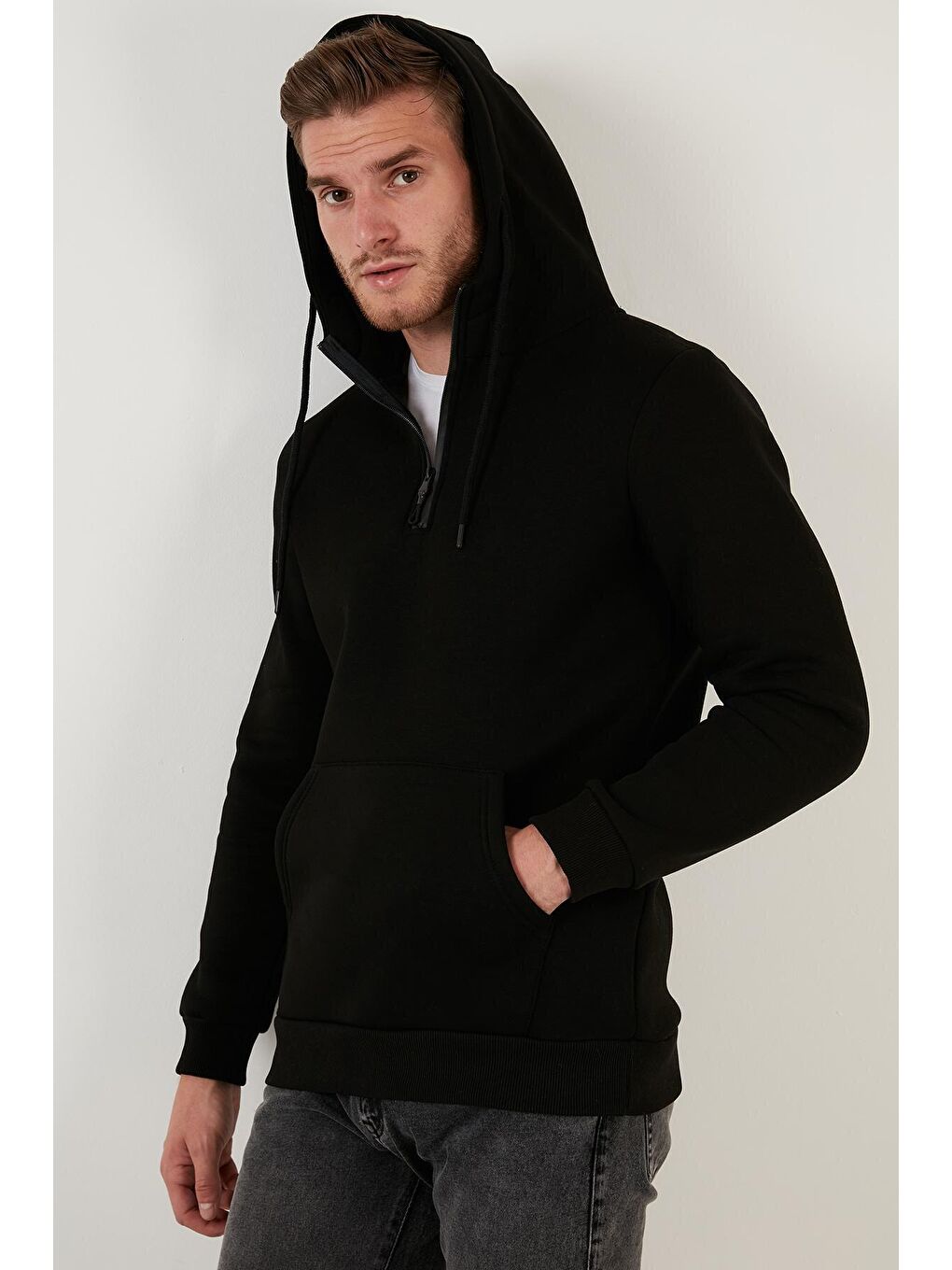 Siyah Pamuklu İçi Tüylü Yumuşak Şardonlu Kapüşonlu Erkek Sweat 59052651-3