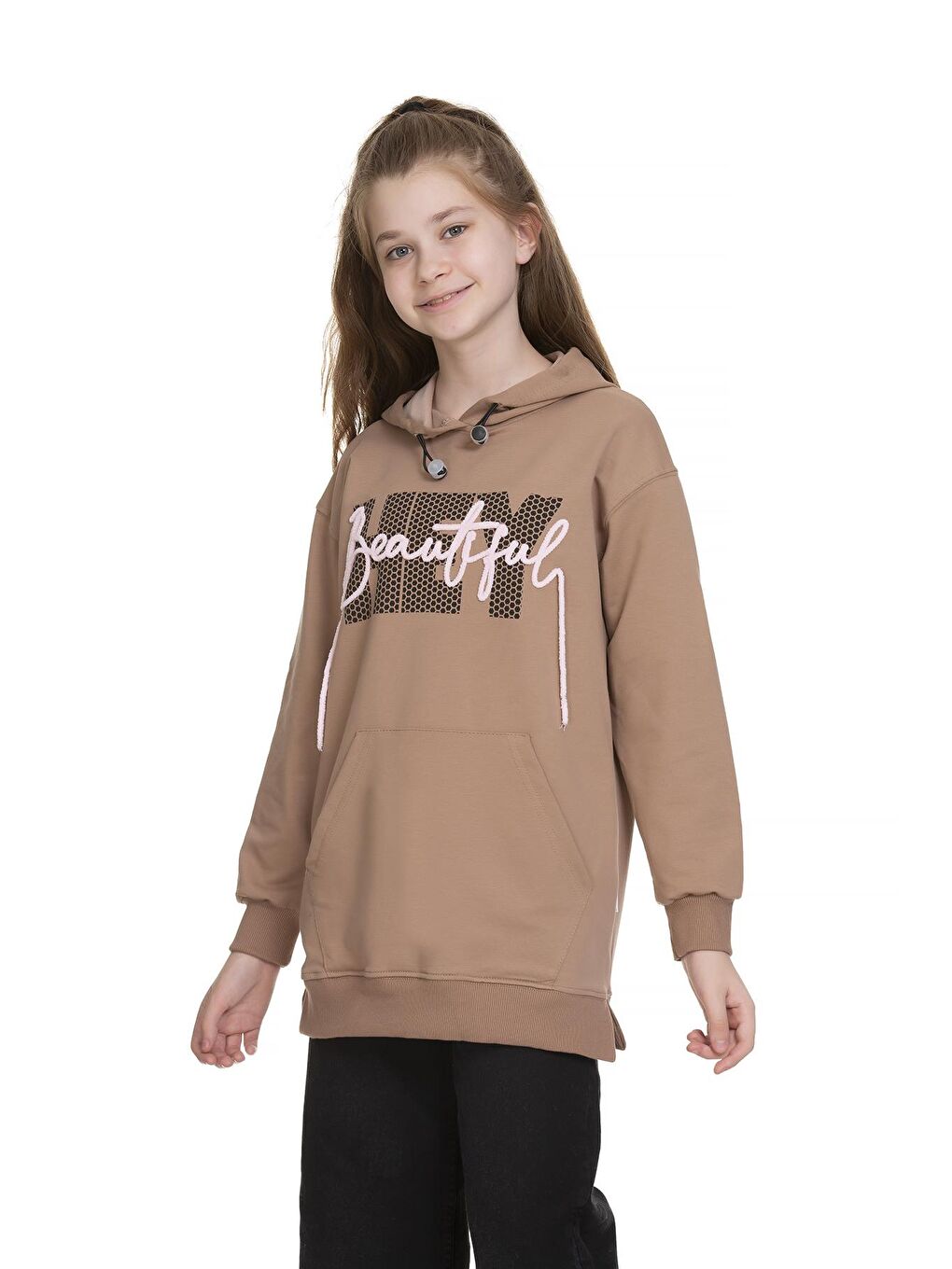 Kahverengi Kız Çocuk Kapüşonlu Kanguru Cepli Sweat 9-14 Yaş Lx154