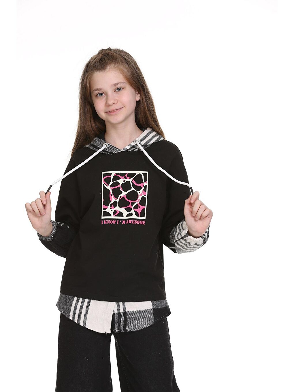 Siyah Kız Çocuk Kapüşonlu Ekose Garnili Hoodie 9-14 Yaş Lx157