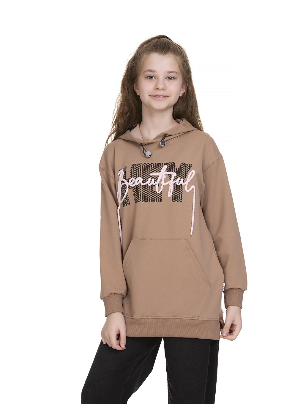 Kahverengi Kız Çocuk Kapüşonlu Kanguru Cepli Sweat 9-14 Yaş Lx154-1