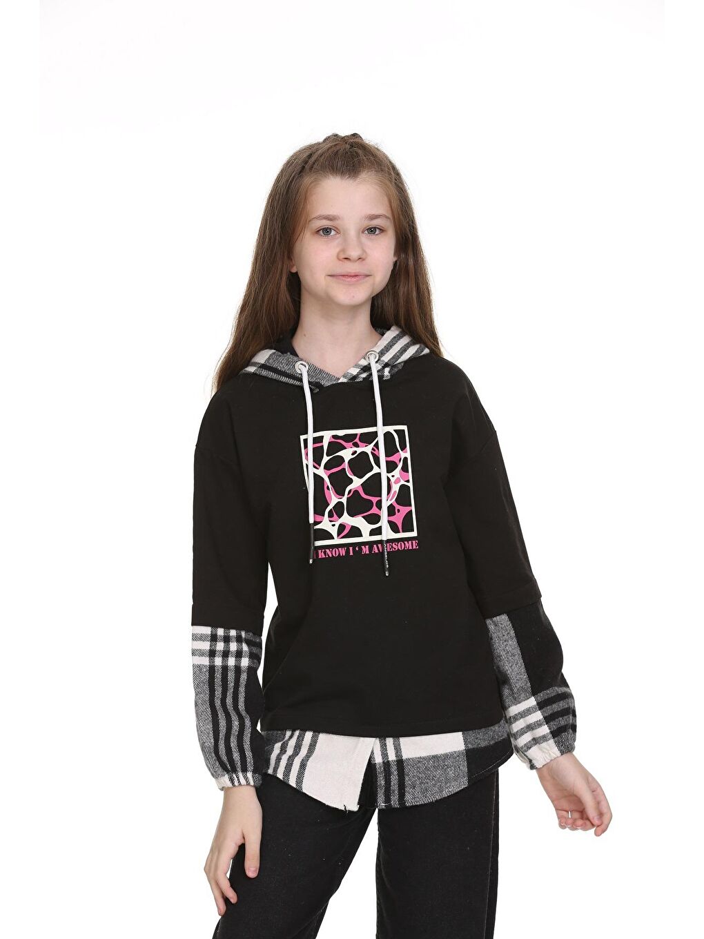 Siyah Kız Çocuk Kapüşonlu Ekose Garnili Hoodie 9-14 Yaş Lx157-1