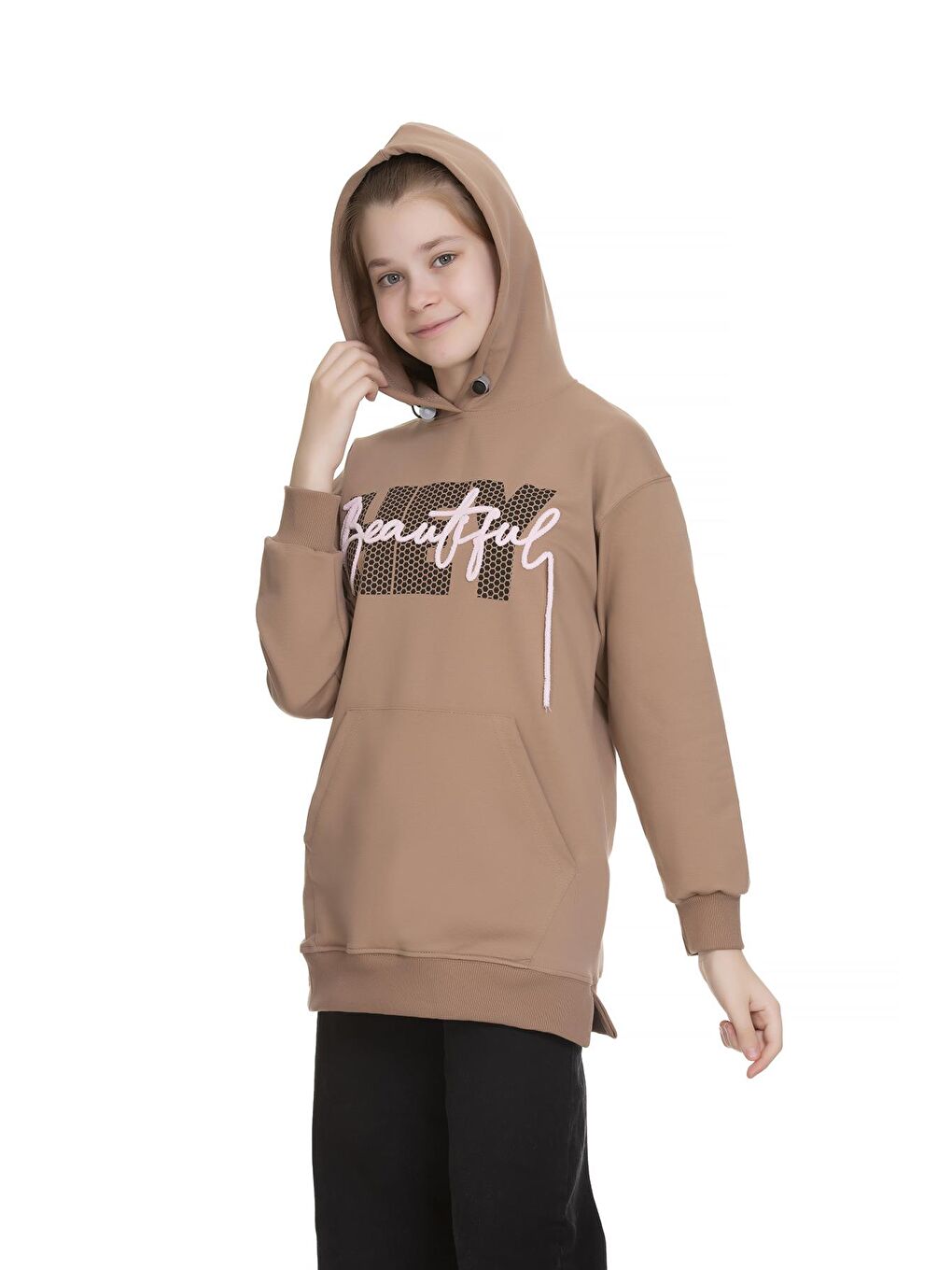 Kahverengi Kız Çocuk Kapüşonlu Kanguru Cepli Sweat 9-14 Yaş Lx154-2