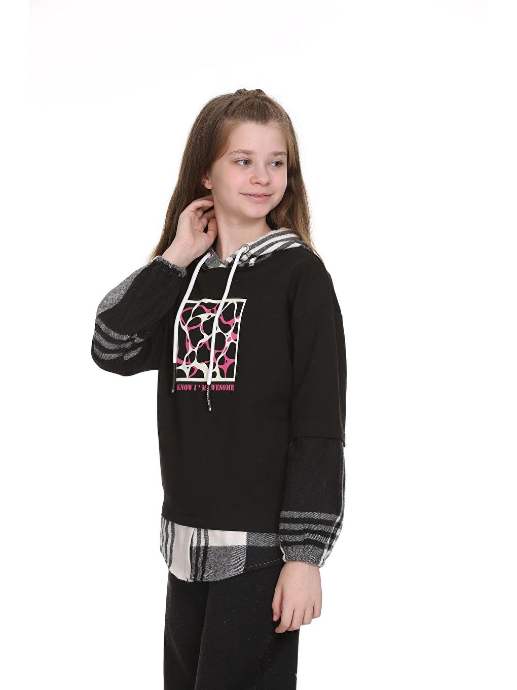 Siyah Kız Çocuk Kapüşonlu Ekose Garnili Hoodie 9-14 Yaş Lx157-2
