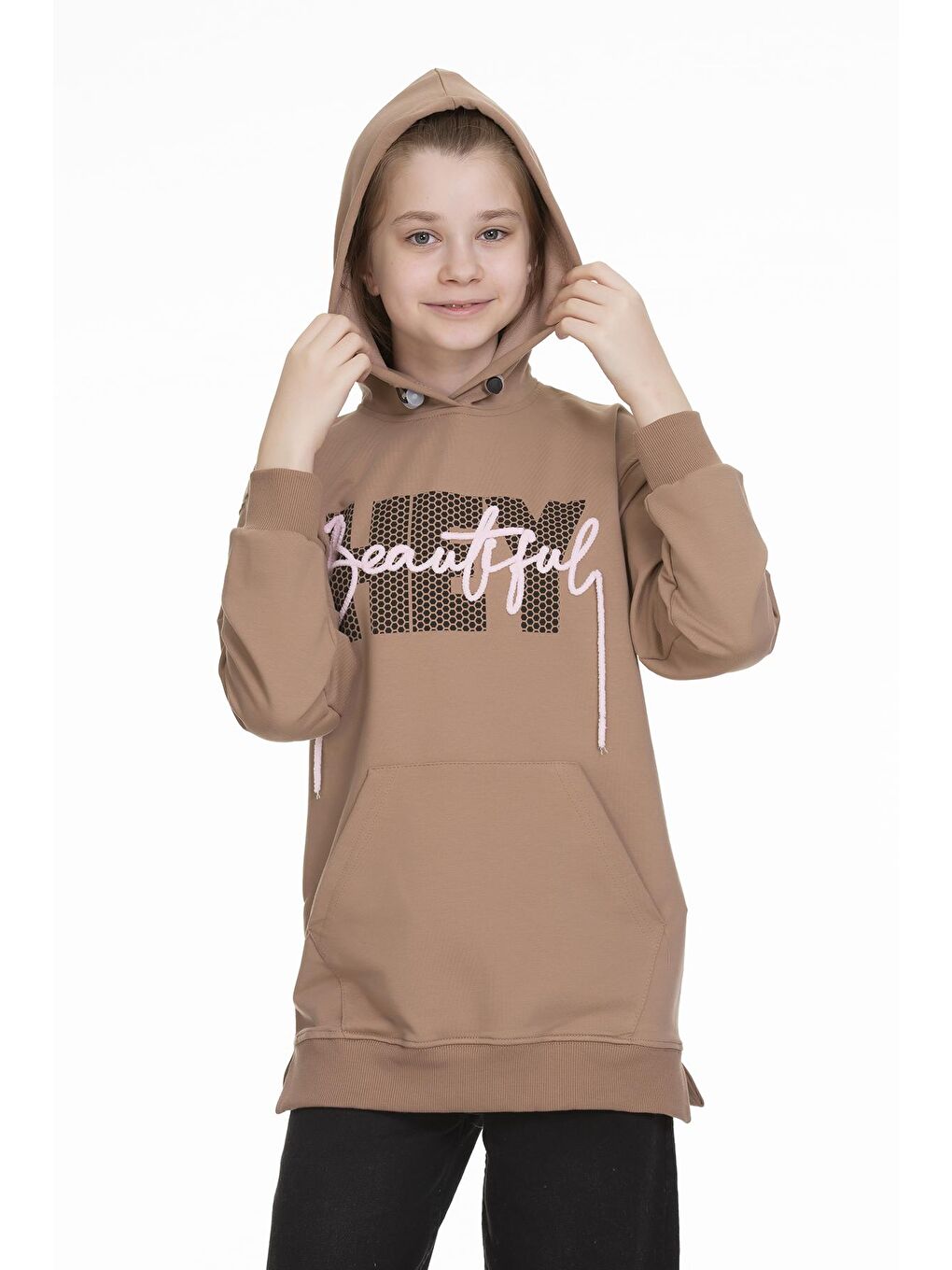 Kahverengi Kız Çocuk Kapüşonlu Kanguru Cepli Sweat 9-14 Yaş Lx154-3