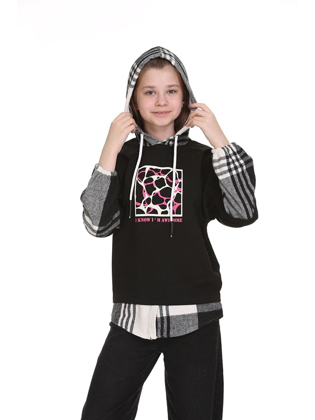 Siyah Kız Çocuk Kapüşonlu Ekose Garnili Hoodie 9-14 Yaş Lx157-3