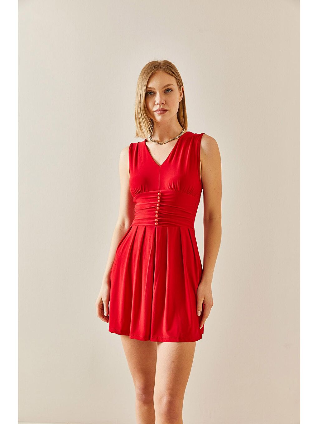 Kırmızı Belden Oturtmalı Drapeli Elbise 3YXK6-47258-04-1