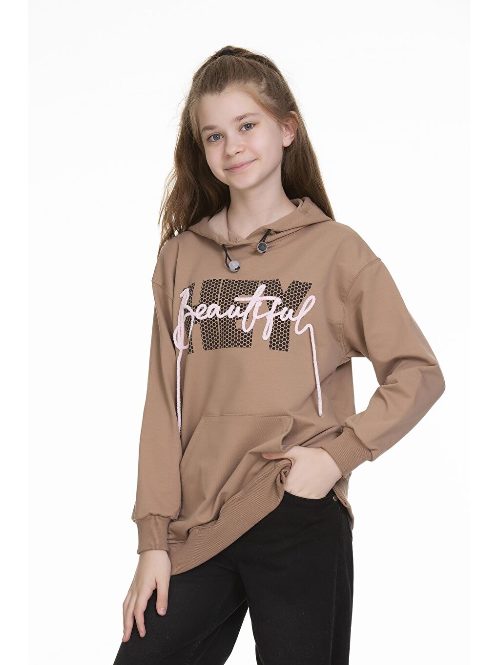 Kahverengi Kız Çocuk Kapüşonlu Kanguru Cepli Sweat 9-14 Yaş Lx154-4