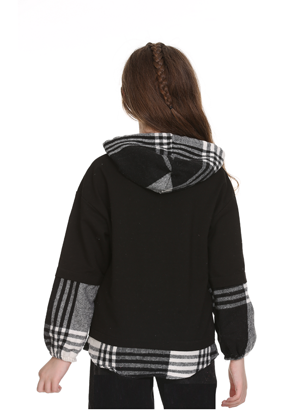 Siyah Kız Çocuk Kapüşonlu Ekose Garnili Hoodie 9-14 Yaş Lx157-4